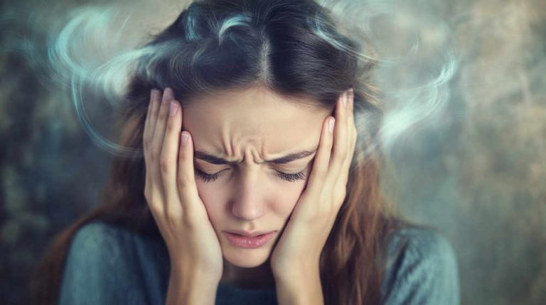 Woman with vertigo holding her head