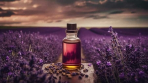 lavender essential oil in bottle in fields