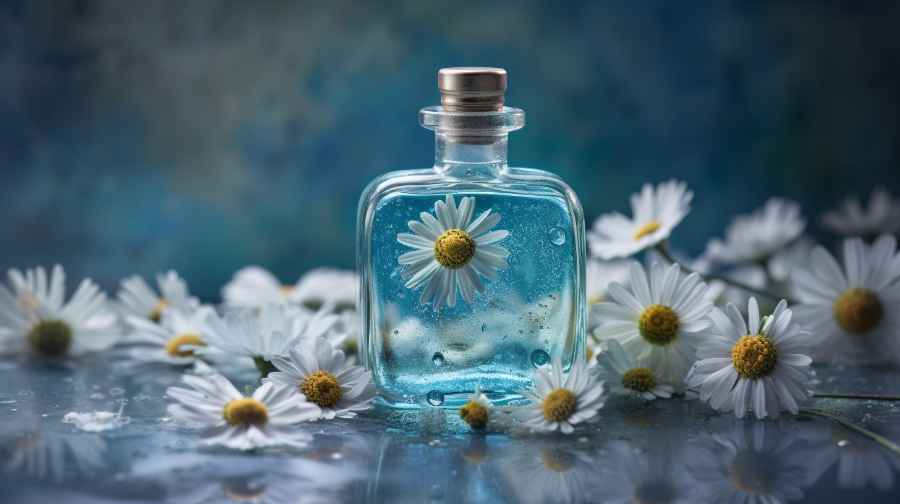 Photo of bottle of blue chamomile essential oil and flowers