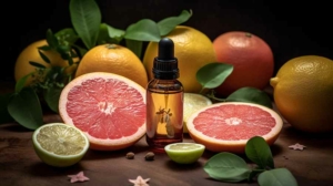 photo of sliced grapefruit and bottle of grapefruit essential oil