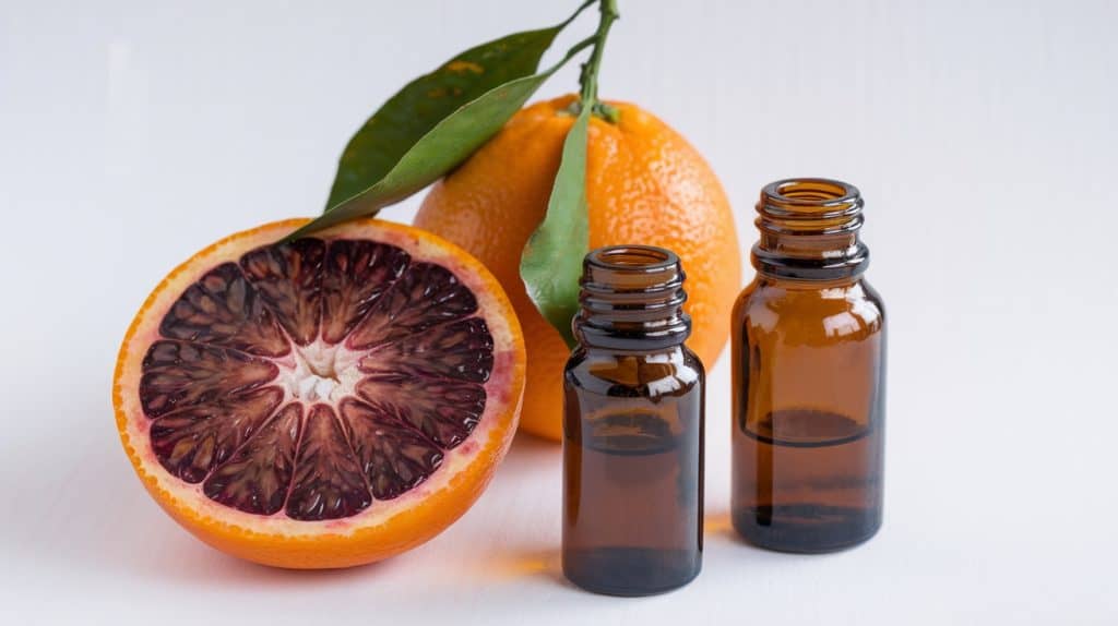 Blood orange with essential oil bottles