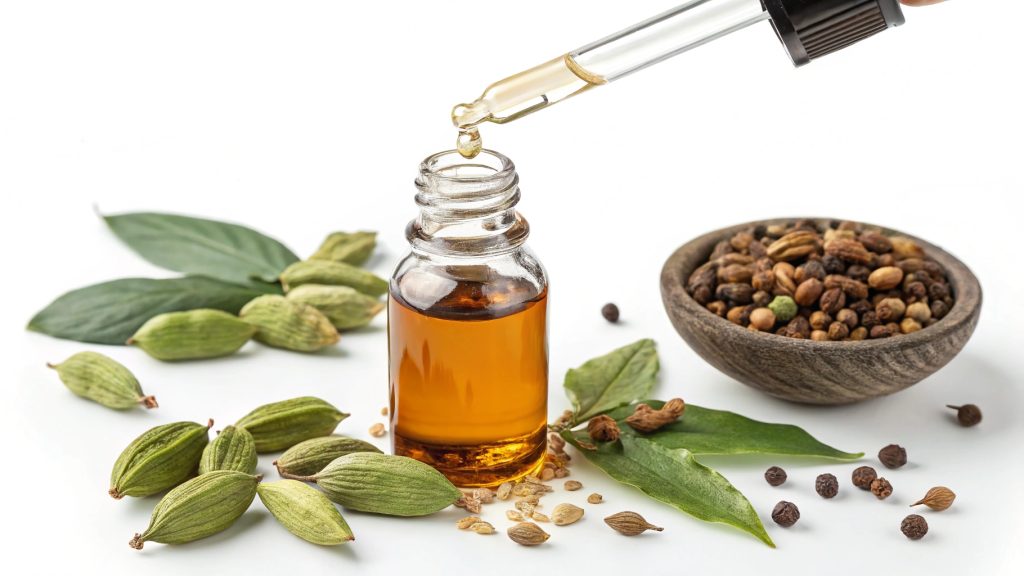 Cardamom oil bottle with seeds and leaves