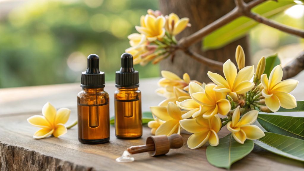 Essential oil bottles with yellow flowers on wood.