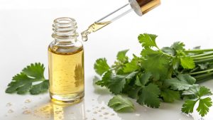 Essential oil bottle with fresh herbs