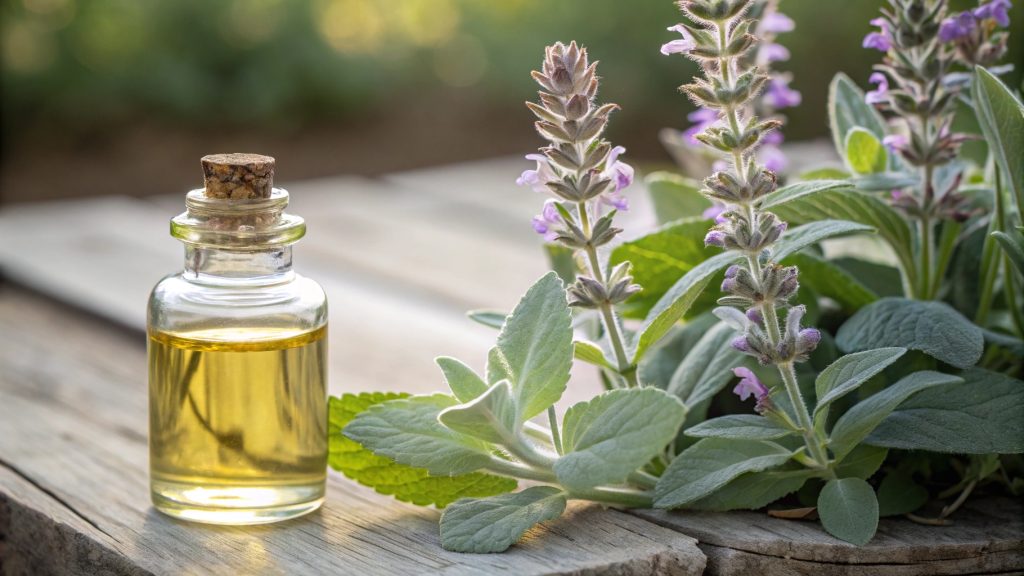 Sage essential oil bottle beside fresh sage plant.