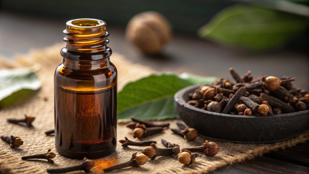 Clove essential oil bottle and dried cloves