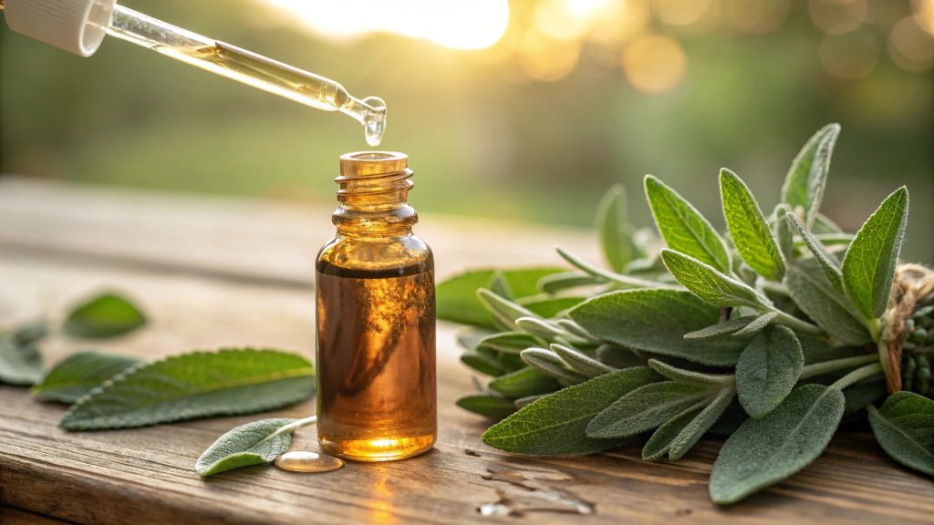 Essential oil bottle with fresh sage leaves