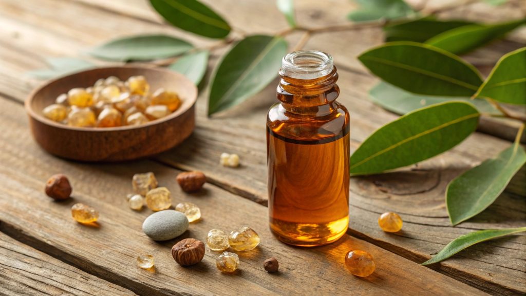 Essential oil bottle with leaves on wooden table.