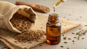 Cumin seeds spilling from burlap sack with oil bottle.
