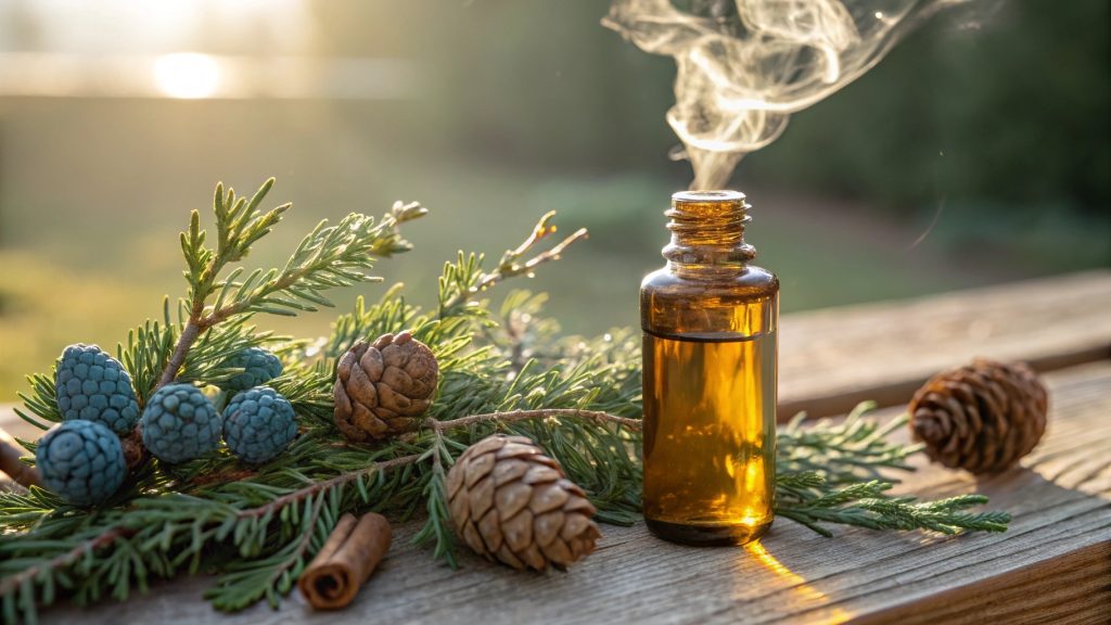 Aromatic essential oil with pine branches and cones