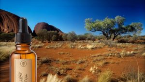 Essential oil bottle in Australian desert landscape