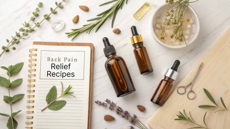 Essential oils and notebook for back pain relief.