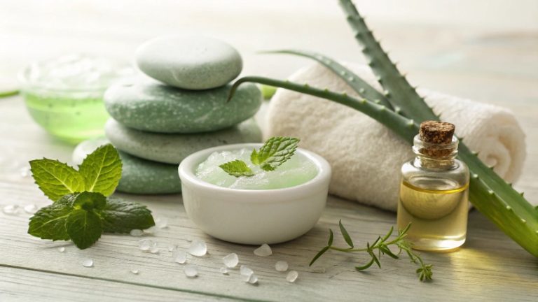 Spa essentials: stones, aloe, oil, mint, and towel.