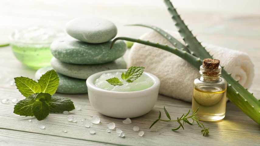 Spa essentials: stones, aloe, oil, mint, and towel.