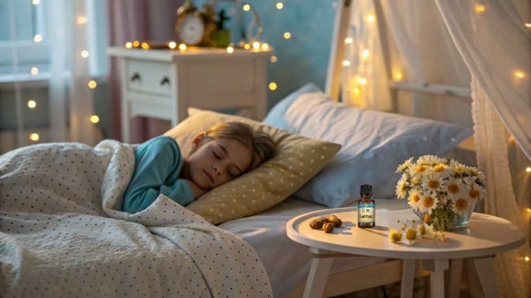 Child sleeping with cozy lights, daisies beside.