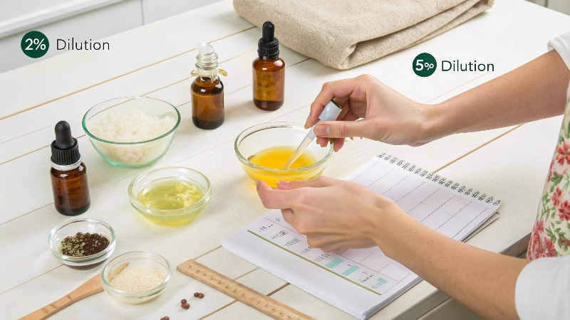 Mixing essential oils with natural ingredients on table.
