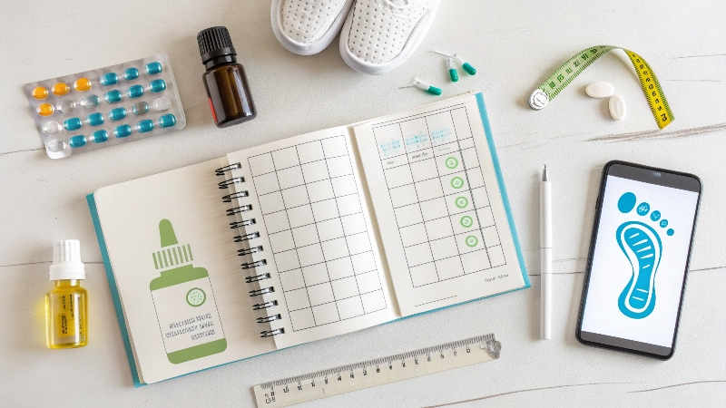 Essential oils planning with notebook, supplements, and smartphone app.