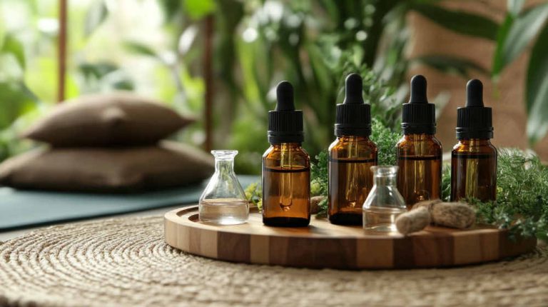 Grounding Essential oil bottles on wooden tray.
