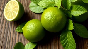 Fresh limes with green leaves on wooden table