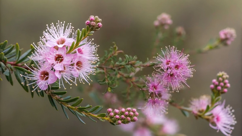 Close-up of pink Geraldton wax flowers on branch.