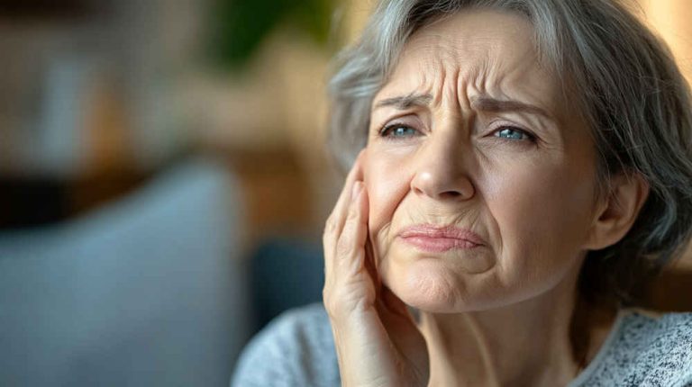 Older woman touching her cheek with pained expression because of toothache