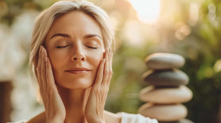 Woman relaxing with stacked stones in nature