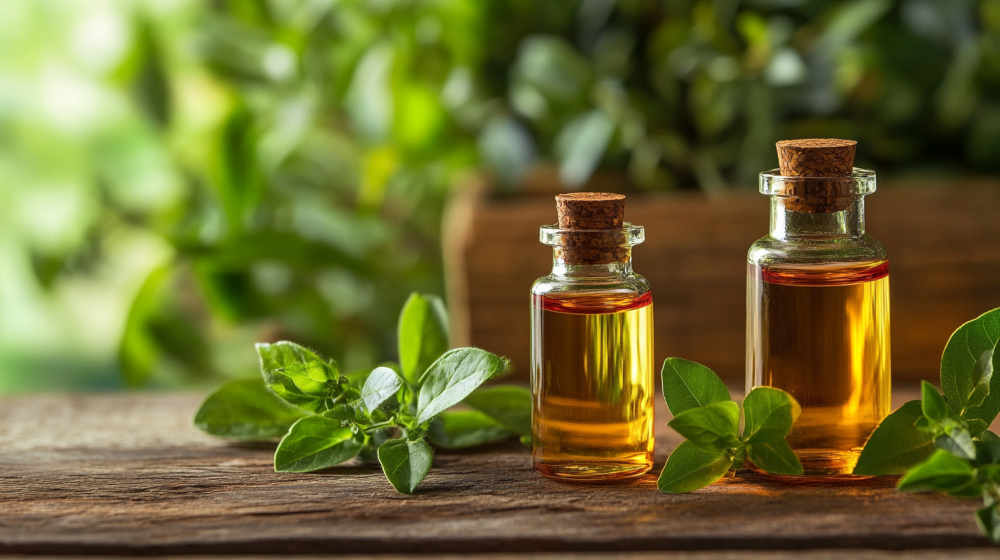 Bottles of herbal oil with fresh leaves