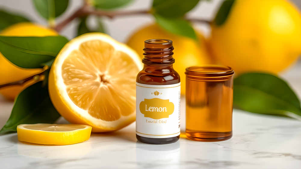 Lemon essential oil with sliced lemon on table.