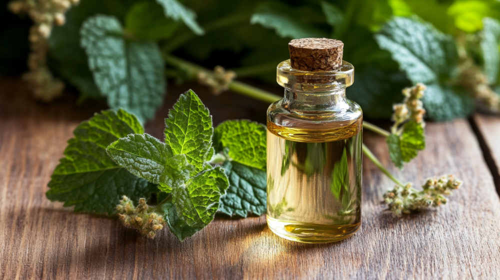 Mint essential oil bottle on wooden table