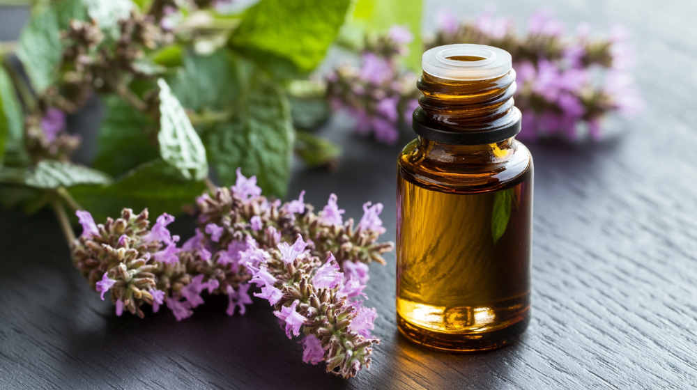 Essential oil bottle with lavender flowers