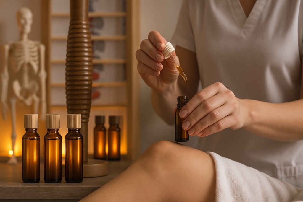 Professional aromatherapy setting showing amber bottle used for treating bone issue. Bone model in background