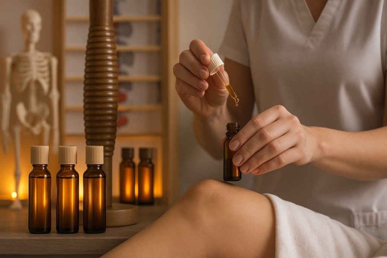 Professional aromatherapy setting showing amber bottle used for treating bone issue. Bone model in background