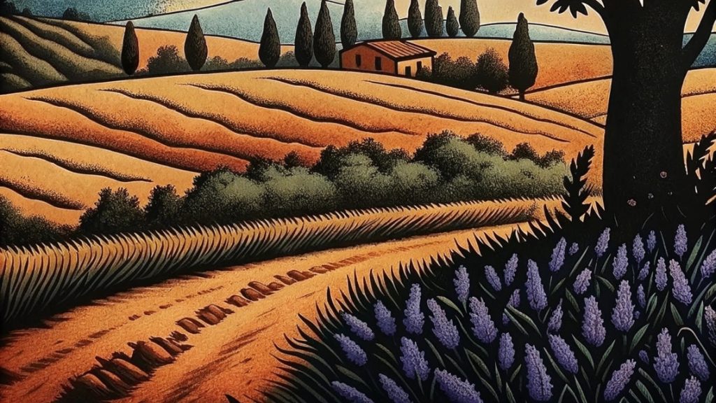 Colorful countryside landscape with lavender and farmhouse