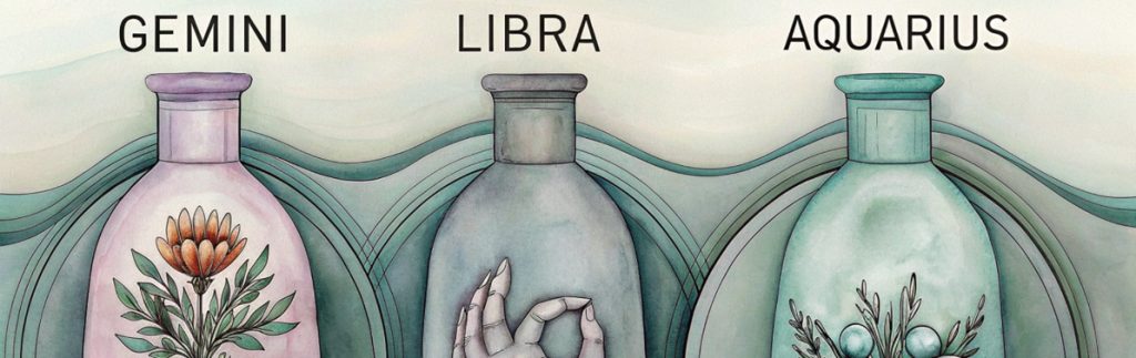 Gemini, Libra, Aquarius Zodiac bottles illustration