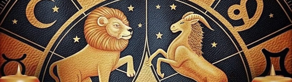 Zodiac symbols Leo and Capricorn on textured background.