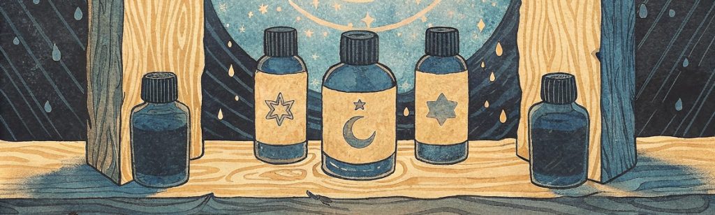 Illustrated night-themed bottles on a wooden shelf.