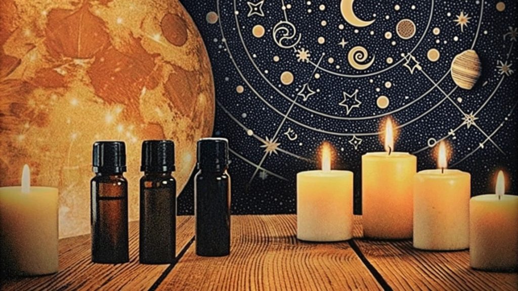 Candles and oils with celestial background