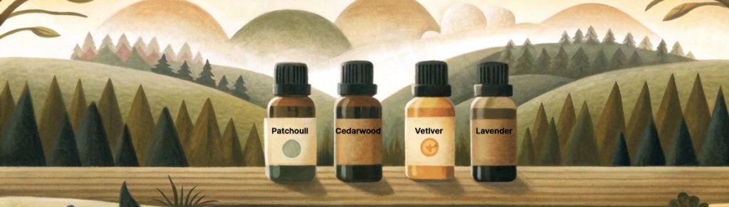 Four essential oil bottles with nature background.