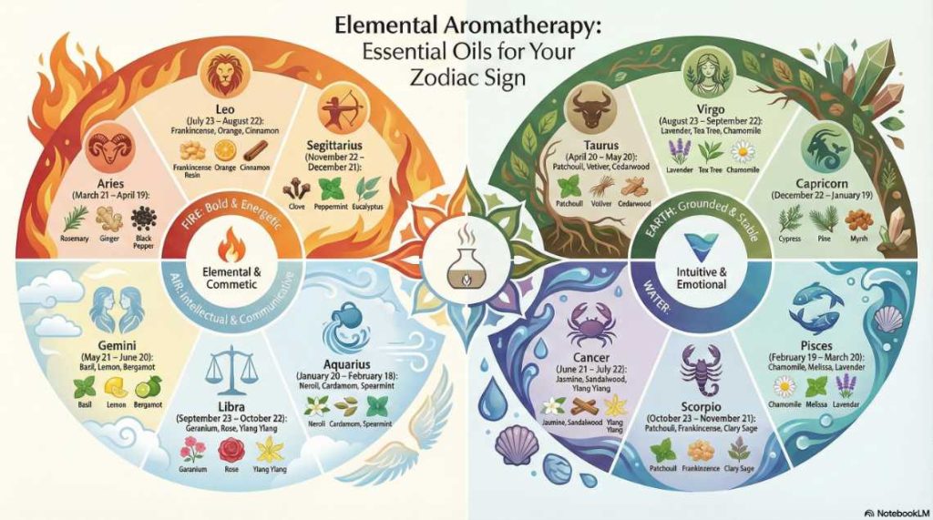Aromatherapy oils for each zodiac sign and element.
