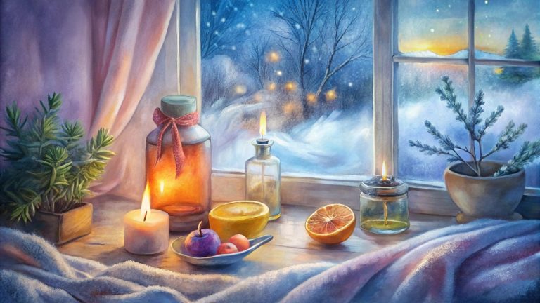 Cozy winter scene with candles and fruits.