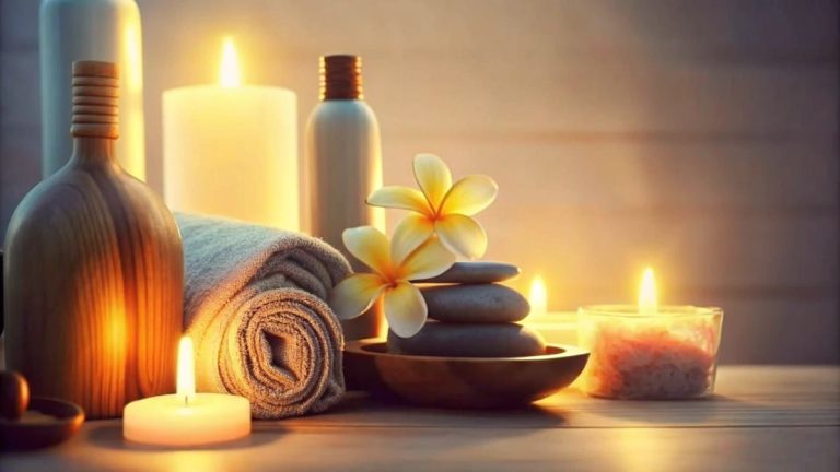 Relaxing spa setup with candles and flowers.