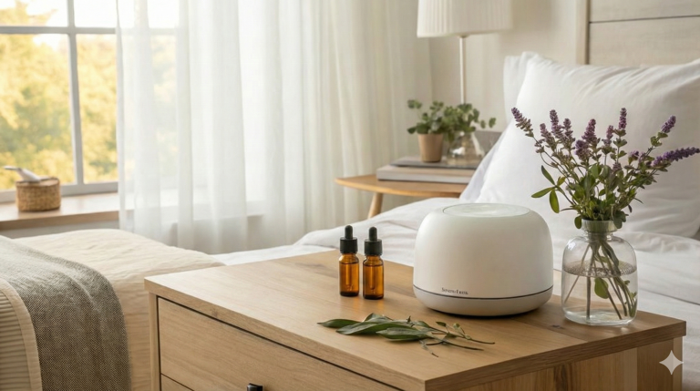 Bedroom with essential oils and lavender on nightstand.