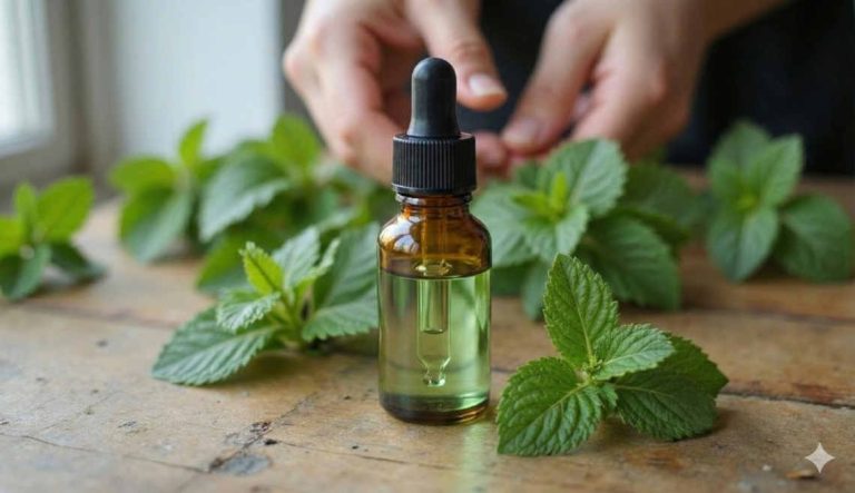 Essential oil bottle with mint leaves.